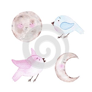 Watercolor cute moon crescent celestial body and birds