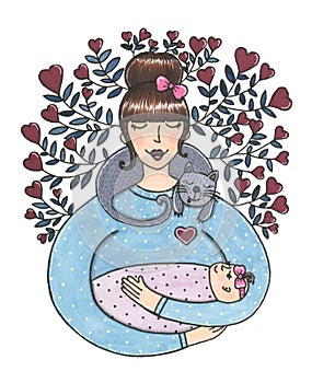 Watercolor cute mother with baby illustration