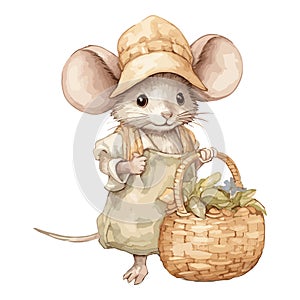 Watercolor Cute Mouse With Hat and Clothes Carry Vegetable Bag