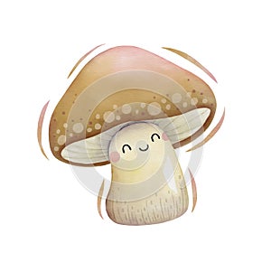 Watercolor cute mushroom cartoon character. Vector illustration