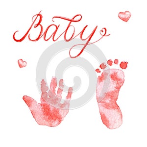 Watercolor cute nursery footprints isolated on a white background