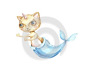 Watercolor cute nursery magic cat unicorn and mermaid animal isolated illustration. fun baby girl watercolour cartoon