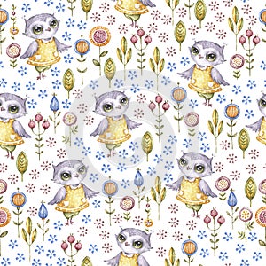 Watercolor cute nursery naive handpainted baby seamless pattern with owl, forest plants. Childish Handpainted print