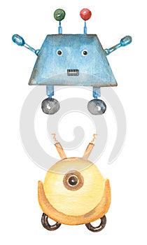 Watercolor Cute Old Robot clipart set, Machine, Cartoon clip art, Kids Toy illustration, baby shower