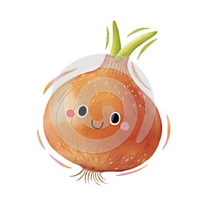 Watercolor cute onion cartoon character. Vector illustration