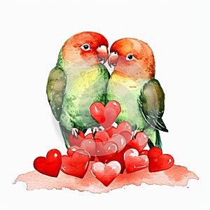 Watercolor Cute Pair of Lovebirds with Cluster of Red Hearts AI Generated