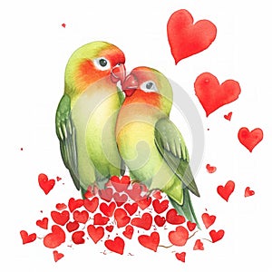 Watercolor Cute Pair of Lovebirds with Cluster of Red Hearts AI Generated