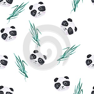 Watercolor cute panda seamless pattern on white background