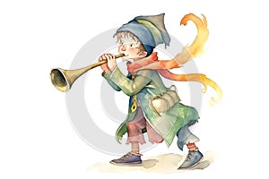 Watercolor cute the pied piper of hamelin cartoon, concept of Childhood fables, created with Generative AI technology