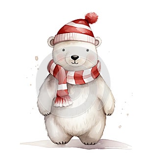 Watercolor cute polar bear in striped hat and scarf isolated on white background