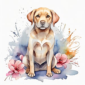 Watercolor Cute Pupppy Labrador Clipart Sitting with some flowers, aquarela. AI Generative photo