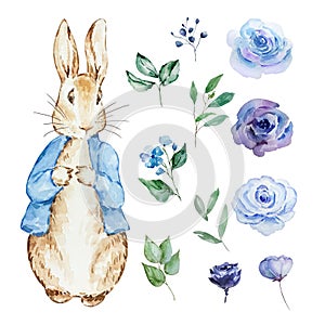 Watercolor cute rabbit with flowers