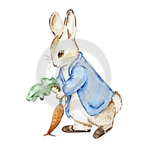 Watercolor cute rabbit rabbit in a blue jacket with carrot