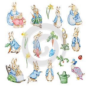 Watercolor cute rabbits in a blue jacket