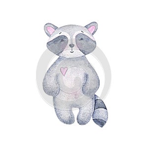 Watercolor cute raccoon baby girl with pink heart