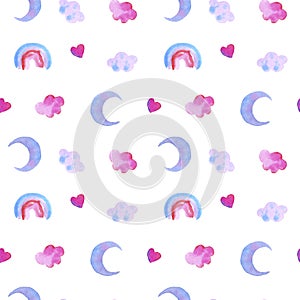 Watercolor cute rainbow cloud moon and heart seamless pattern. Pink violet blue isolated images for cards, banner, linens, childre