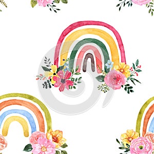 Watercolor cute rainbow seamless pattern. Hand-painted pastel rainbows and pretty flowers on white background