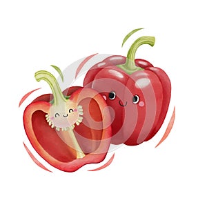 Watercolor cute red bell pepper cartoon character. Vector illustration