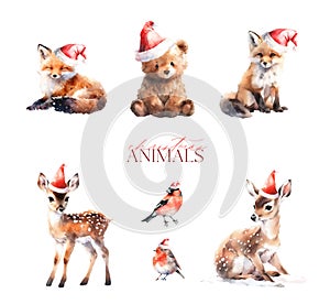 Watercolor Cute reindeer, brown bear, orange fox, bullfinch, robin bird with Santa Claus hat