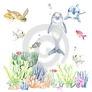 Watercolor cute sea creatures underwater