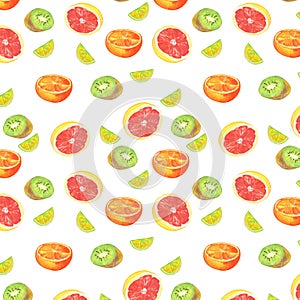 Watercolor cute seamless pattern with bright citrus grapefruit ,orange, lemon and kiwi on the white background.