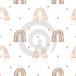 Watercolor cute seamless pattern with rainbows, clouds and hearts