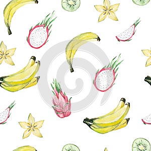 Watercolor cute seamless pattern tropical fruits. Hand painted exotic coctails on white background. Banana, Dragon fruit