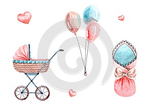 Watercolor cute set with baby stuff isolated on a white background