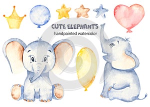 Watercolor cute sitting baby elephants set with balloons
