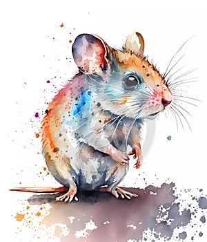 Watercolor cute small mouse painting. Realistic wild animal illustration. Created with Generative AI technology