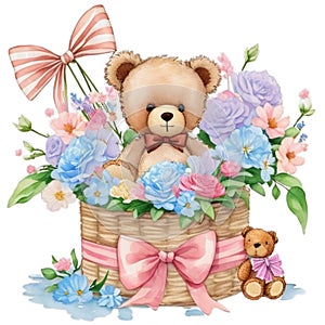 Watercolor cute sweet teddy bear in basket with handle