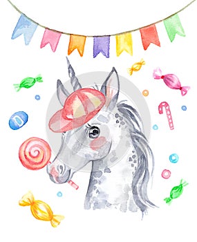Watercolor cute unicorn portrait with holiday elements