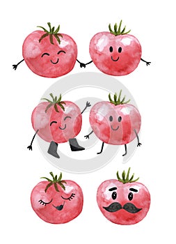 Watercolor cute veggies and fruits illustration. Valentine\'s day themed design. Kawaii cartoon tomatoes