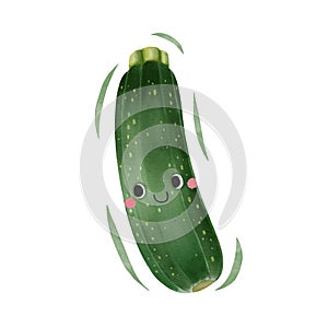 Watercolor cute zucchini cartoon character. Vector illustration
