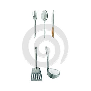Watercolor cutlery. Illustration isolated on white. Hand drawn