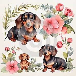 Watercolor Dachshunds cliparts with flowers. AI Generative