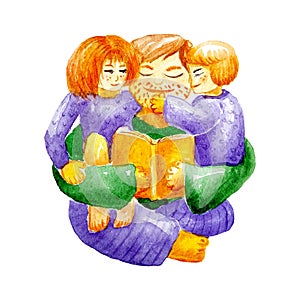 Watercolor dad reads a book to his children in home clothes sitting on his lap and hugging. For illustration learning at home or