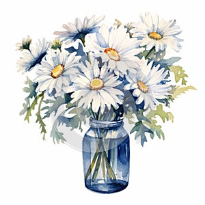 Watercolor Daisy Flowers In Vase: Charming Illustrations In Azure And White