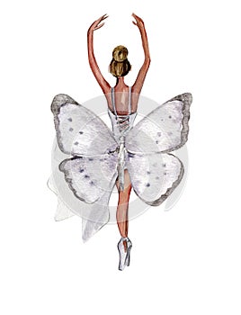 Watercolor dancing ballerina with butterfly. Lilac dresss ballerina. Picture for poster, invitation, postcard, background and