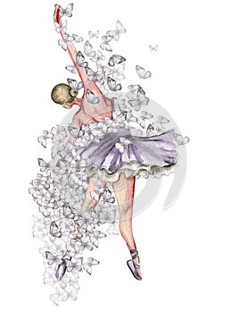 Watercolor dancing ballerina with butterfly. Lilac dresss ballerina. Picture for poster, invitation, postcard, background and