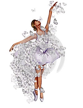 Watercolor dancing ballerina with butterfly. Lilac dresss ballerina. Picture for poster, invitation, postcard, background and