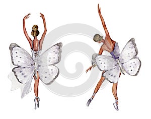 Watercolor dancing ballerina with butterfly set. Lilac dresss ballerina. Picture for poster, invitation, postcard, background and