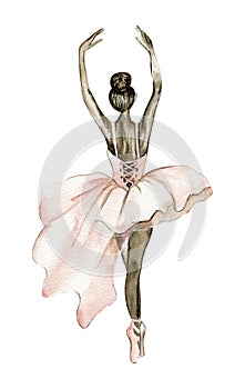Watercolor dancing ballerina with dark skin. Pink pretty ballerina