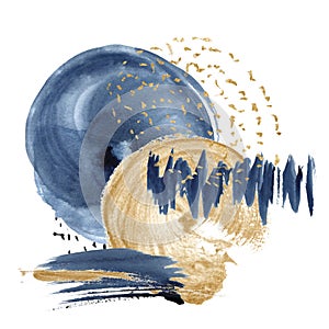 Watercolor dark blue and gold abstract card. Hand painted underwater card with circle ocean texture. Marine illustration