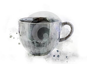 Watercolor dark grey cup. Coffee or tea ceramic mug with light texture. Realistic painting with kitchen item isolated on