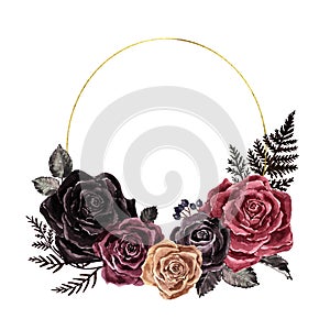 Watercolor dark roses floral border, vintage victorian gothic style. Burgundy, red, maroon and black rose wreath with golden