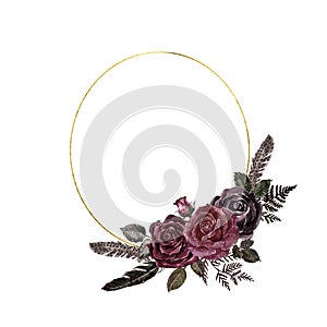 Watercolor dark roses floral wreath, vintage victorian gothic style. Burgundy, red, purple and black rose bouqet