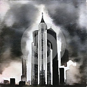 Watercolor of Dark skyscraper front with menacing appearance on a black