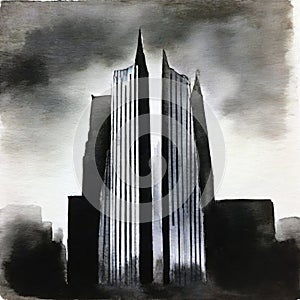 Watercolor of Dark skyscraper front with menacing appearance on a black