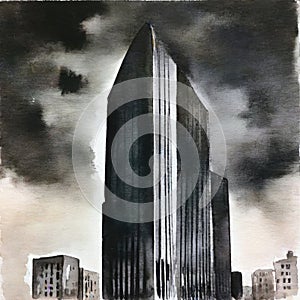 Watercolor of Dark skyscraper front with menacing appearance on a black